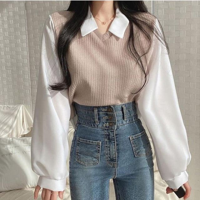 여성 긴팔 블라우스 티셔츠 면 조끼