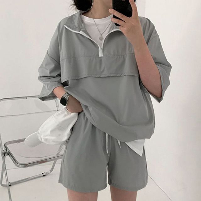 캐주얼 여름 3컬러 반집업 셋업