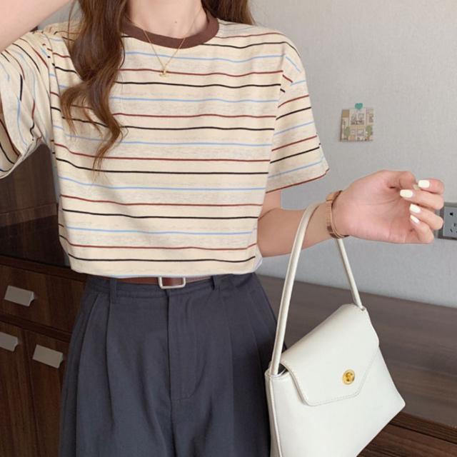 여성 여름 반팔 티셔츠 스트라이프 라운드넥 - 시원한 데일리룩