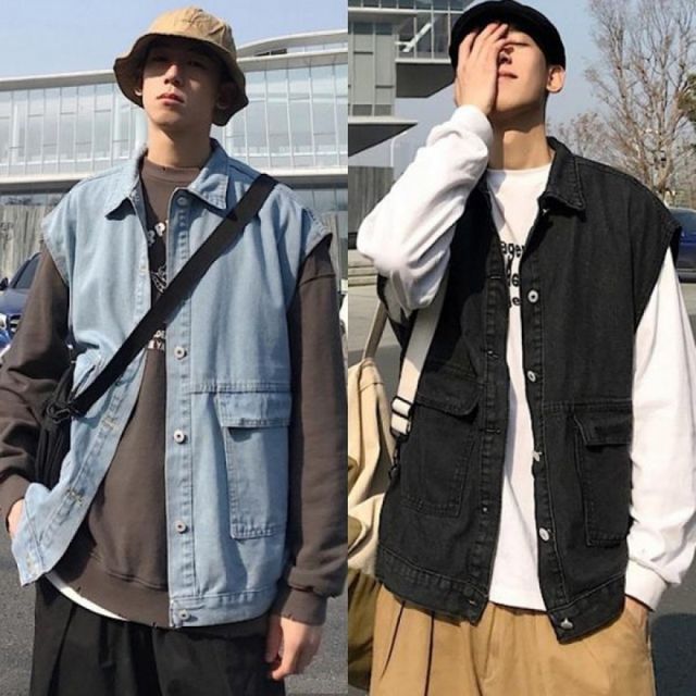 남성용 연청 데님 조끼 청자켓 올드스쿨 스타일