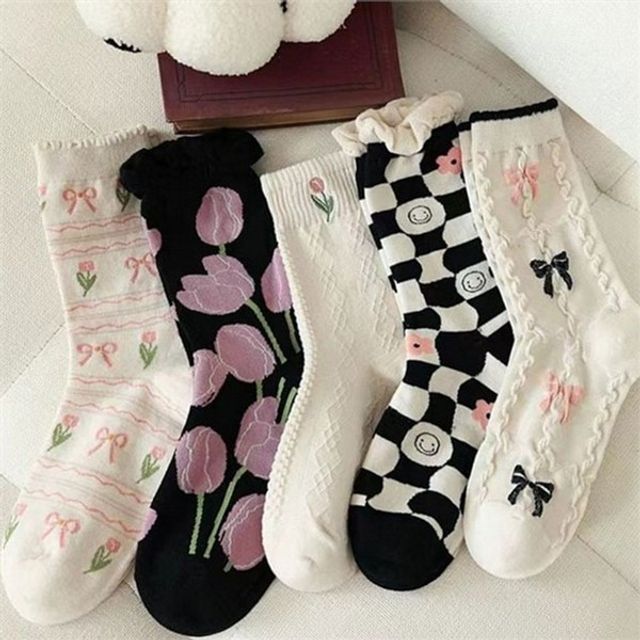 여성 중목 양말 여성 패턴 양말 프릴 레이스 데일리 코튼 가을 선물 페이크삭스 스니커즈 발등 크루 발목