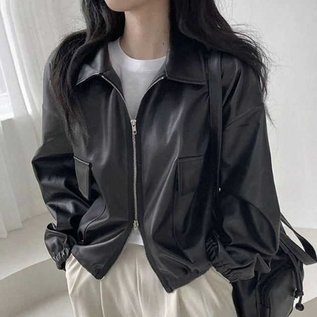 여성 투웨이 지퍼 가죽 자켓 크롭 라이더 점퍼 간절기 오버핏 레더 재킷 아우터