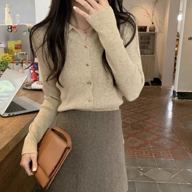 니트 금장 가디건 골지 카라 데일리 단추 깔끔한 여성