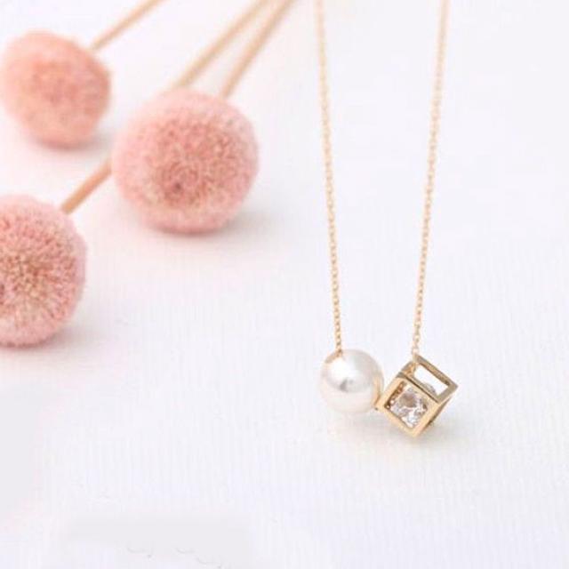 정품 14K GOLD 6mm 진주 큐브 목걸이 - 41cm 기본형 주얼리