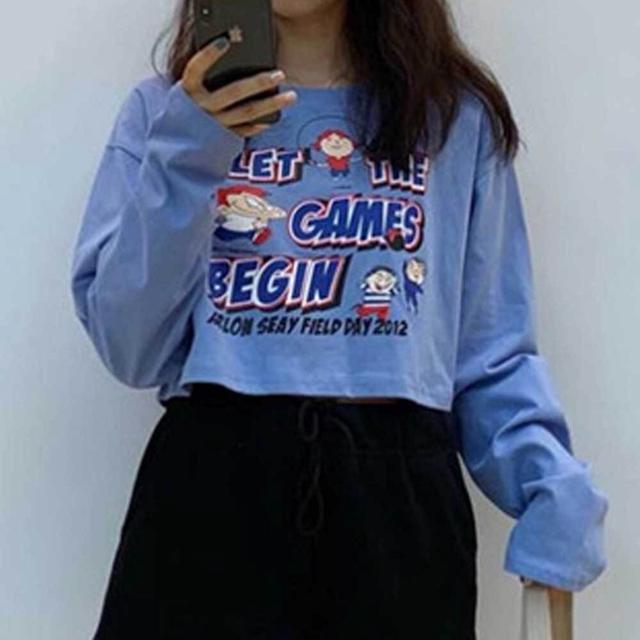 여자 라운드넥 크롭 긴팔 티셔츠 캐주얼 데이트룩