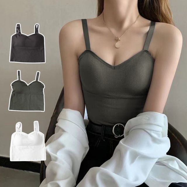 끈 캡내장 데일리 노브라 크롭 슬림 나시 골지 브라티