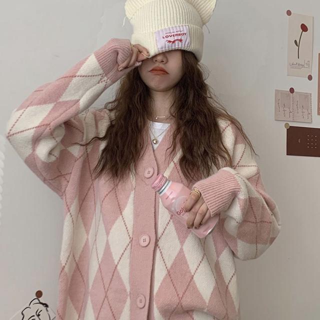 여성 봄 가을 아가일패턴 배색가디건 루즈핏 2컬러