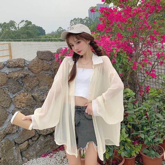 여자 시스루 블라우스 빅사이즈 루즈핏 여름셔츠 3색