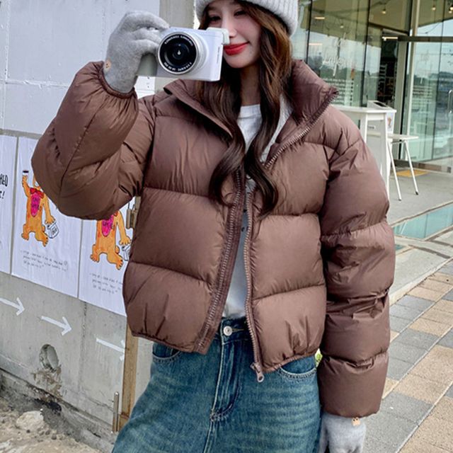 여성 숏패딩 점퍼, 따뜻한 브라운 오버핏 겨울 아우터