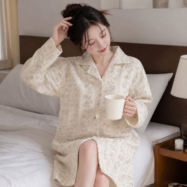 곰돌이 플라워 패턴 히든 누빔 파자마 원피스 잠옷 가을 겨울 홈웨어 카라 포켓