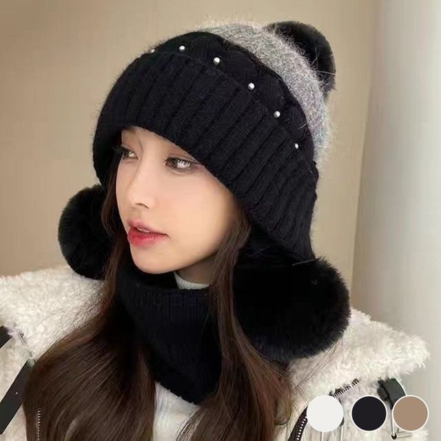 모자 방울털모자 배색 기모 안감 귀여운 니트 귀여운 데일리 방울 모자