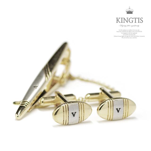 KINGTIS 심플한 디자인 넥타이핀+커프스버튼 세트