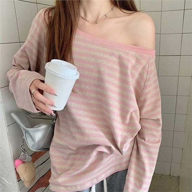 여성 오프숄더 티셔츠 여성 스트라이프 티셔츠 박시핏 루즈핏 데일리 캐주얼 상의