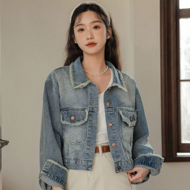 여성용 데님 재킷 크롭 빈티지 포켓 수술 디자인 청자켓 데일리 아우터