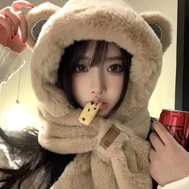 겨울 곰돌이 후드 귀달이 모자 목도리 일체형 동물 털모자