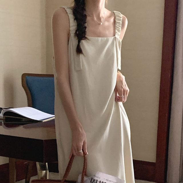 일자핏 어깨끈 밴딩 나시 민소매 롱 원피스