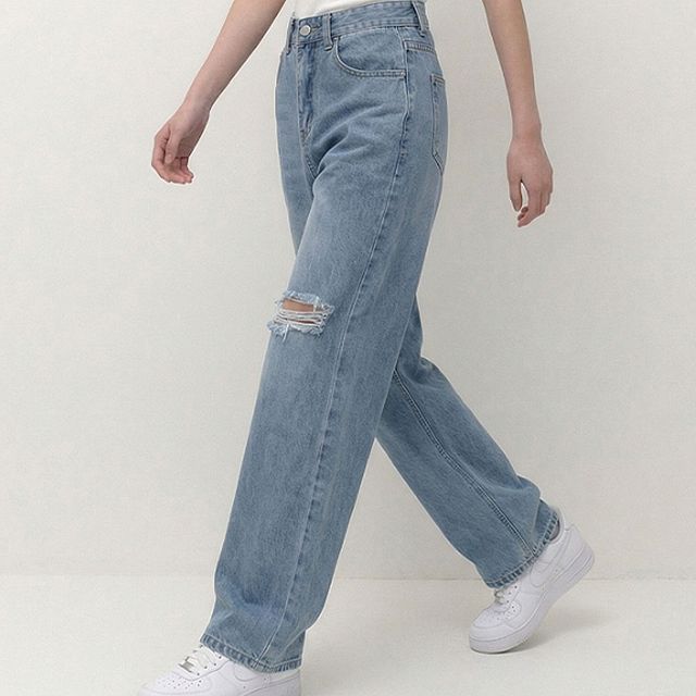 여자 와이드 찢청 데님 팬츠 데일리 청바지
