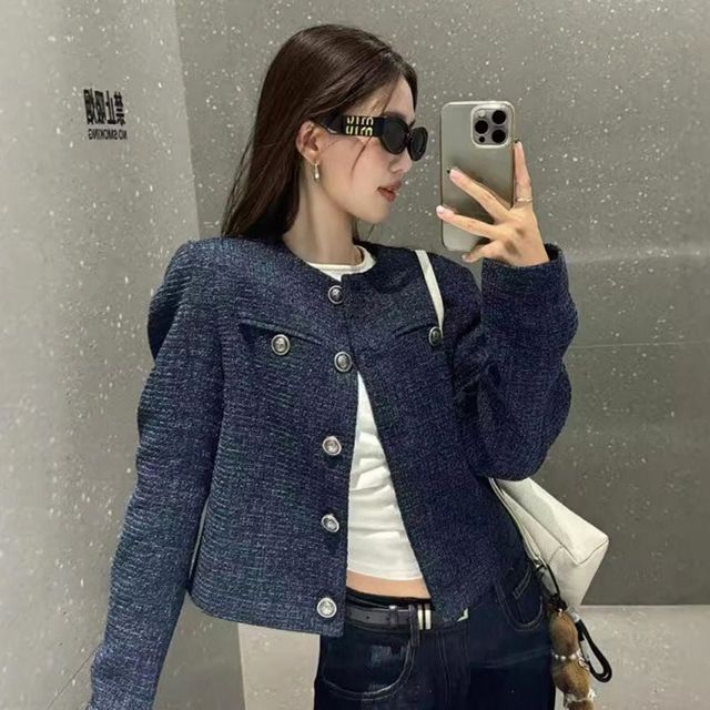 여성 단정한 노카라 트위드자켓 금장버튼 재킷 아우터