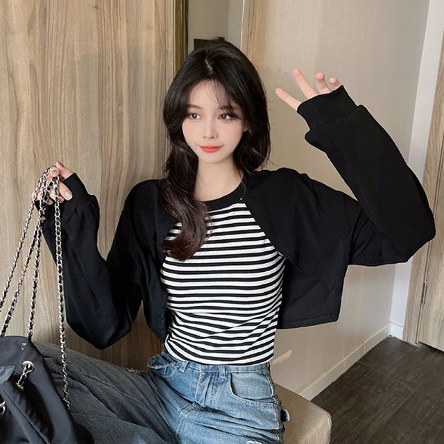 여성 캐주얼 크롭 일체형 디자인 패션 긴팔티