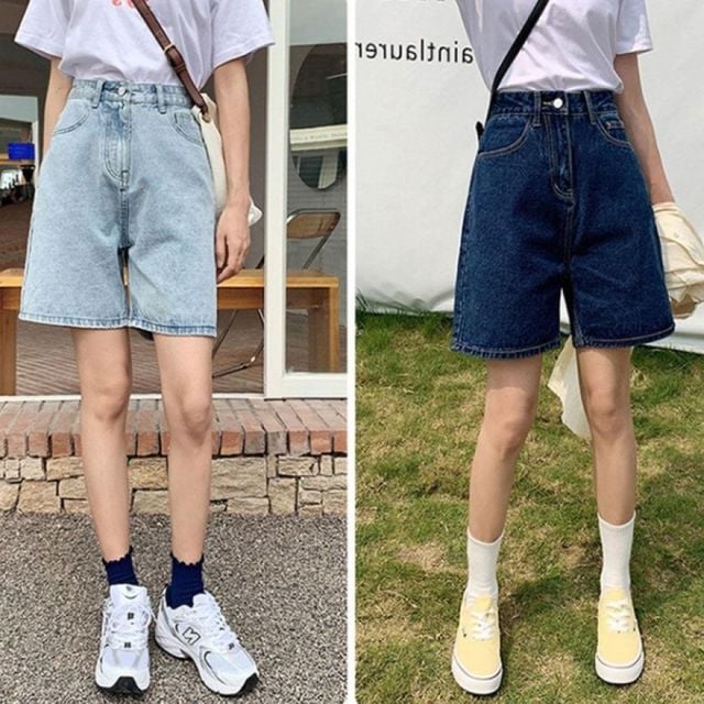 여성 하이웨스트 5부 반바지 데님 팬츠 와이드