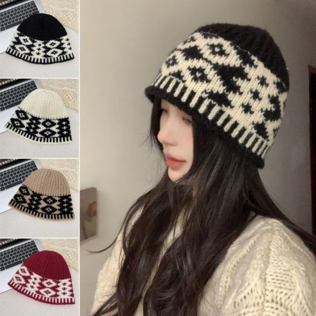 클래식 패턴 벙거지 비니 니트 모자 버킷햇 남녀공용 겨울