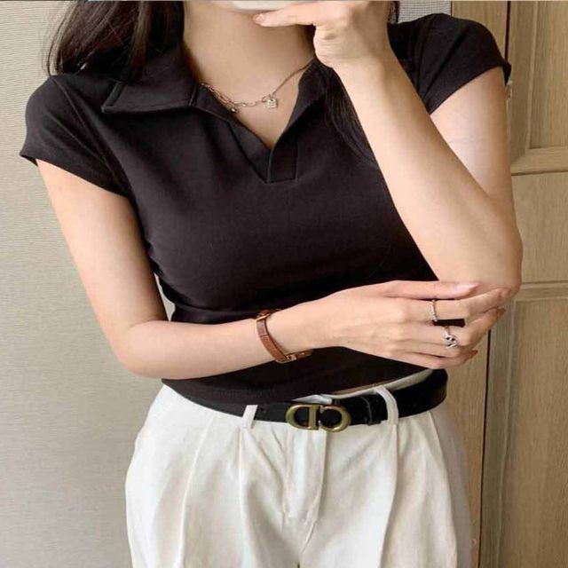 여자 오픈카라 캡소매 반팔티셔츠 브이넥 여름 베이직