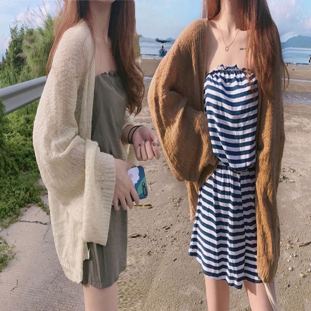 여름 벌룬 소매 루즈핏 시스루 얇은 가디건 긴팔