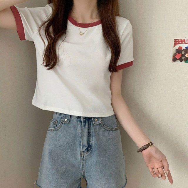 여자 3컬러 배색라인 포인트 반팔 티셔츠 세미크롭티