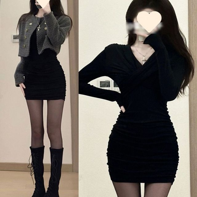 시크블랙 플리츠 미니원피스 봄 가을 페미닌 주름