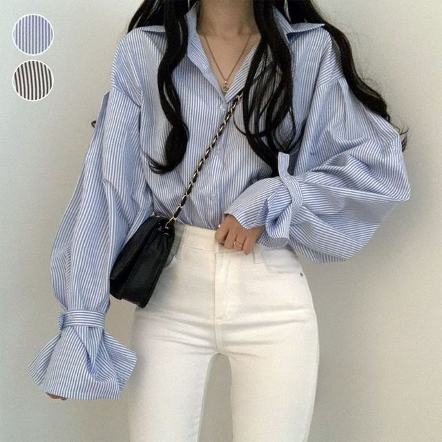 여성 루즈핏 세로 스트라이프 셔츠 벌룬핏 페미닌 남방 2색