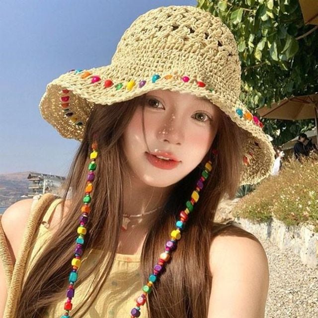 레인보우 차단 비치 여름 밀짚 버킷햇 자외선 구슬 남여 선캡