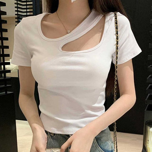 여성 반팔티셔츠, 쇄골트임 세미크롭 스판 펀칭