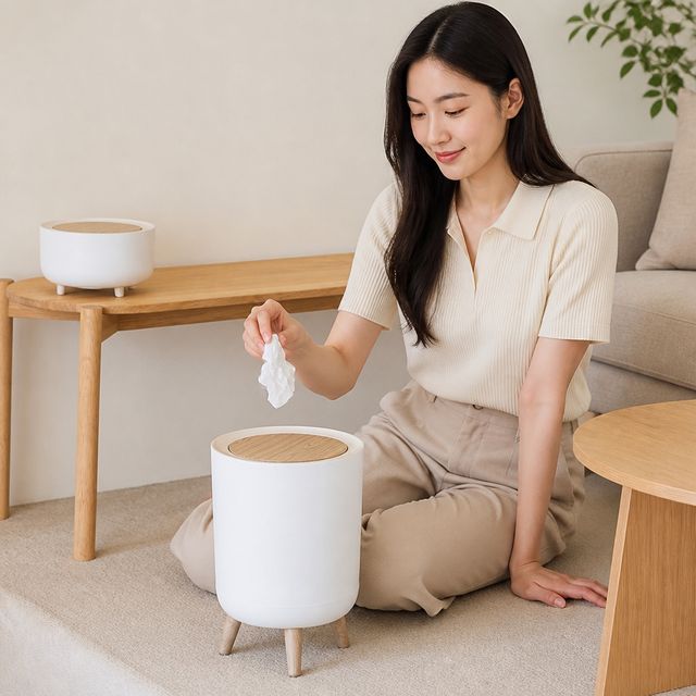 우드 원형 휴지통 2L 7L 사무실 거실 쓰레기통 바스켓 통