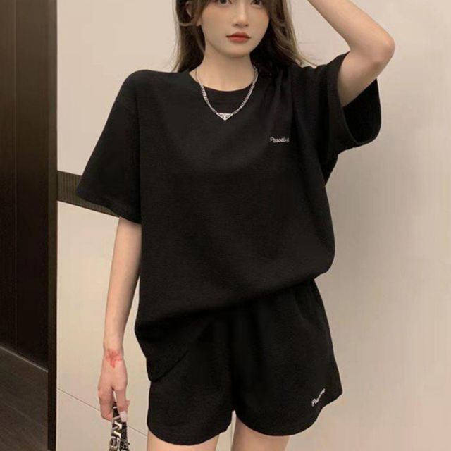 여성 레터링 심플 데일리룩 와플 반팔 반바지 셋업