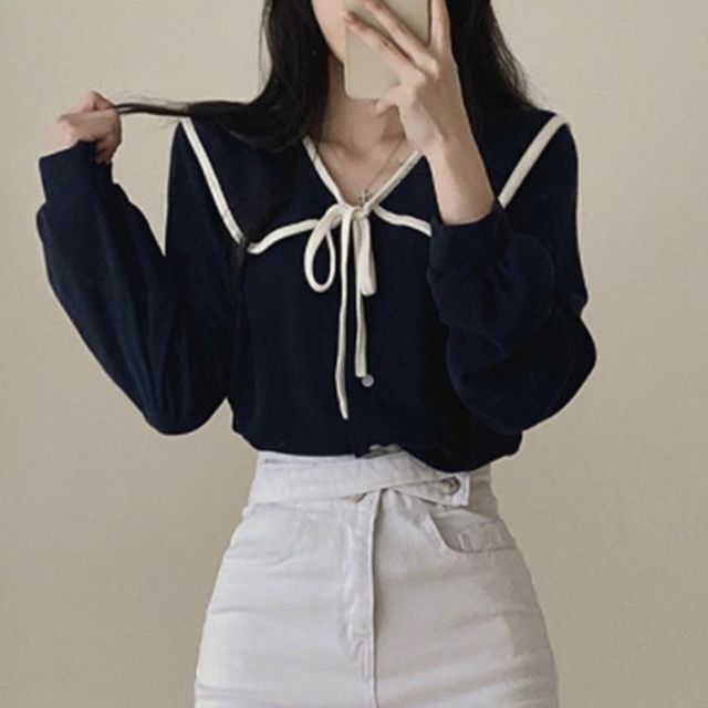 3러카라 여성 러블리 블라우스 LKS031 브이넥 리본 장식 루즈핏 블라우스 반팔 셔링 여름 숙 레이어드 리본