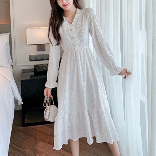 긴팔 패션 진주 원피스 버튼 프릴 데일리