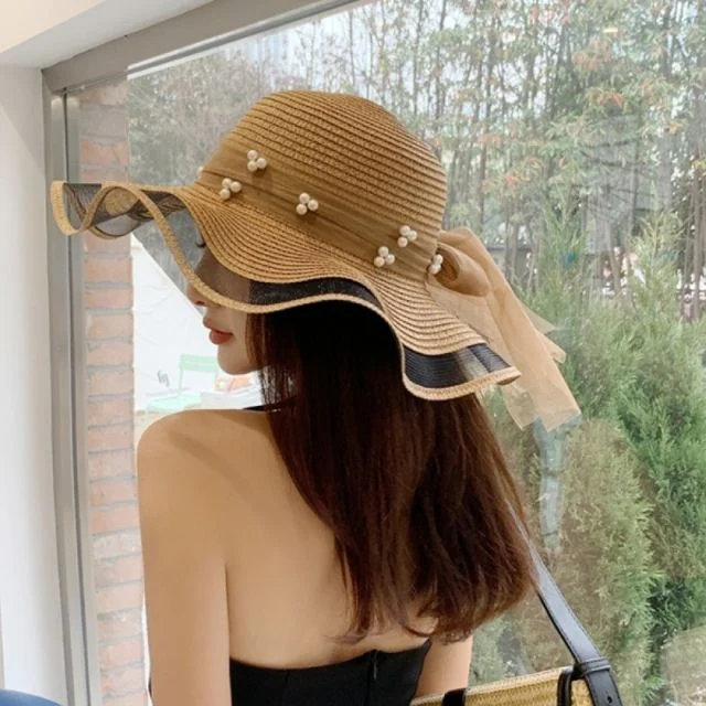 진주 리본 비치모자 브라운 바캉스 밀짚모자