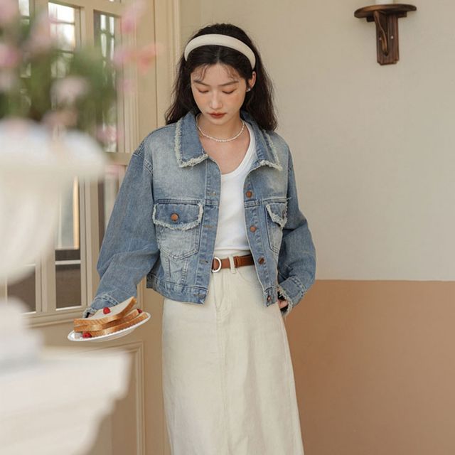 크롭 수술 빈티지 패션 포켓 청자켓