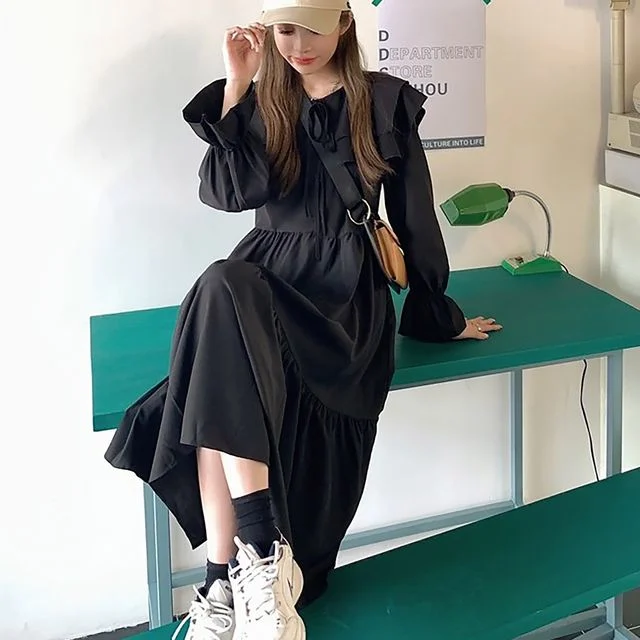 봄 가을 프릴 카라 데일리 블랙 베이지 캉캉 롱원피스