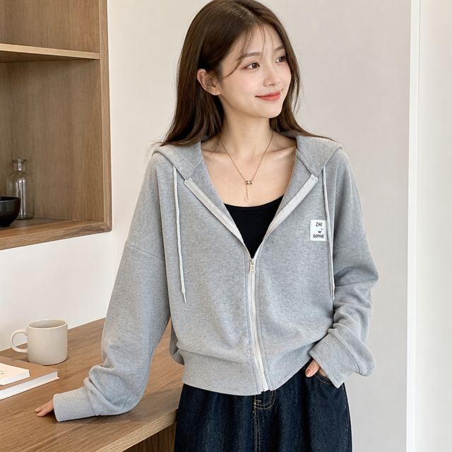 여성 데일리룩 와플지 후드집업 세미크롭 루즈핏