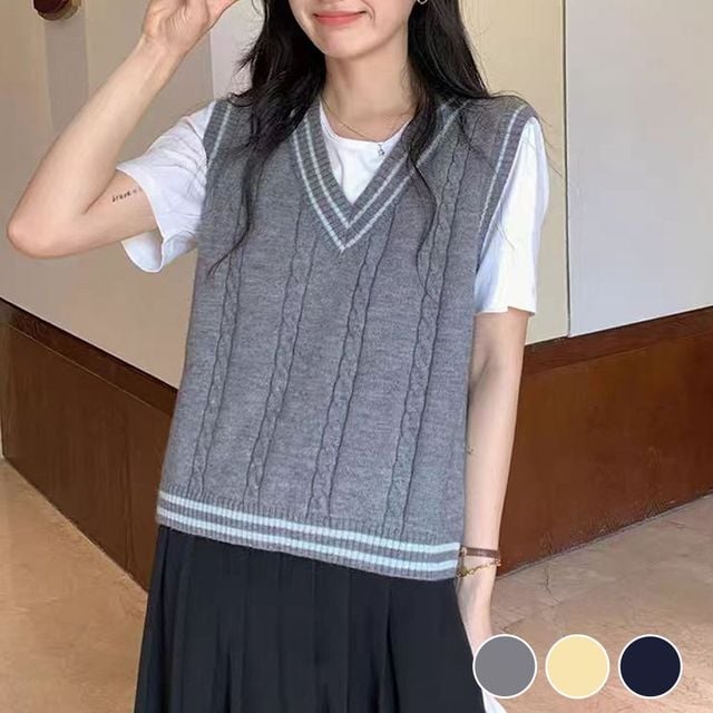 여성 조끼 꽈배기 배색 라인 데일리 기본 니트 조끼