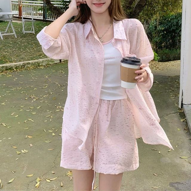 여성 시스루 셔츠 밴딩 반바지 투피스세트