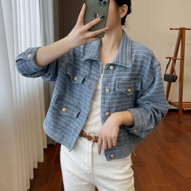 여성용 하이엔드 격식룩 롱티진 트위드 금장 칼라 클래식 블레이저