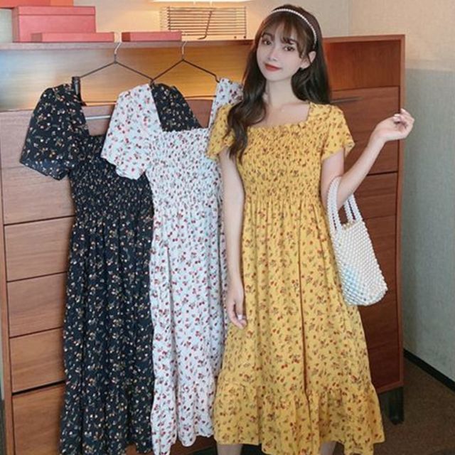 여자 예쁜 꽃무늬 패턴 스모크 밴딩 데일리 원피스