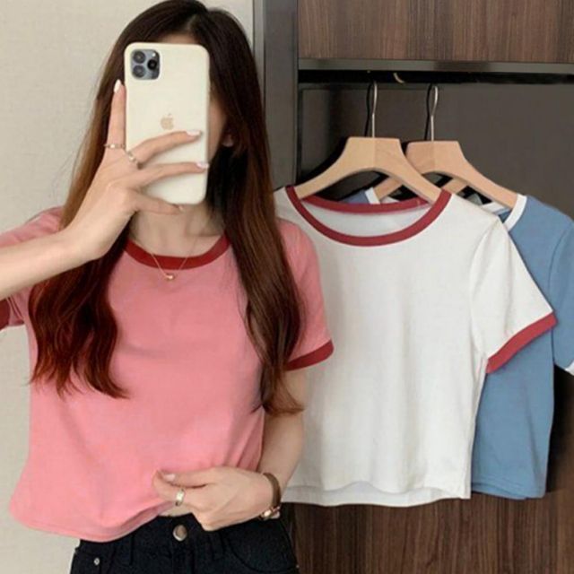 여성 세미 크롭 여름 크롭 반팔티 예쁜핏 핑크크롭 러블리템