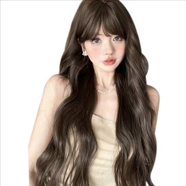 자연 여성 통가발 데일리 긴 머리 웨이브 풍성한 헤어 앞머리