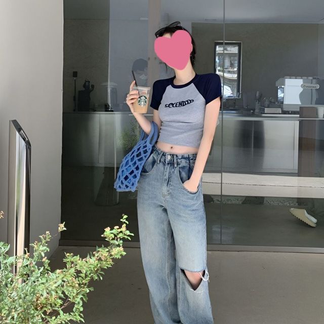 레터링 크롭 반팔 티셔츠, 여성 봄 가을 데일리 데이트룩