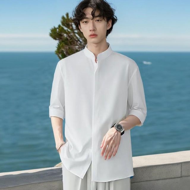 헨리넥 루즈핏 찰랑 반팔 5부 차이나 여름 카라 정장 남방