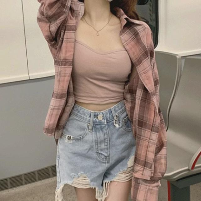 데일리 여성 가을 겨울 핑크 체크 카라 긴팔 셔츠