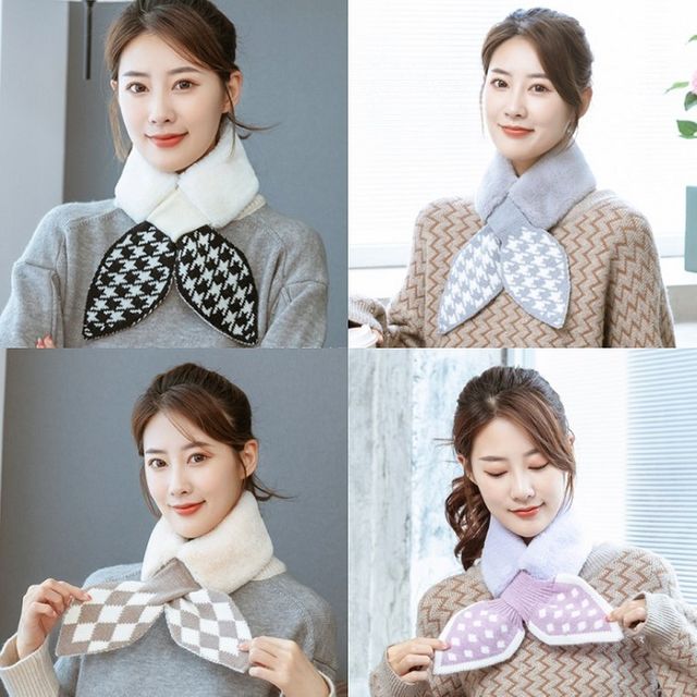 (앙상블) 리본 나염 퍼 니트 머플러 목도리 스카프